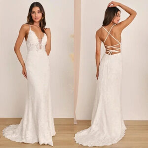 Lulus Enchanting Eternity Ivory Pearl Lace-Up Backless Dress Wedding Bride